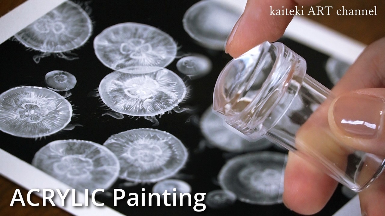 セリアのぷにぷにネイルスタンパーでクラゲを大量発生させる…　Trying Out a Silicon Silicone Stamp for Acrylic Painting, jellyfish