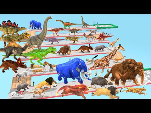 Which Animal vs Dinosaurs Speed Race Run Zigzag Down Course! from Outside Animal Revolt Battle Simul
