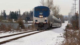 preview picture of video 'Amtrak 97 leads Cascades train 504 in the snow at Chemawa, Salem, Oregon 3-22-2012'
