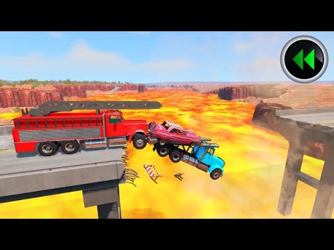 Reverse Cars and Ramp Truck vs Lava and Broken Bridge - BeamNG.Drive