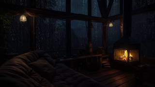 Rain from a Forest Cabin | Rain and Fireplace Sounds for Relaxation, Focus and Sleep
