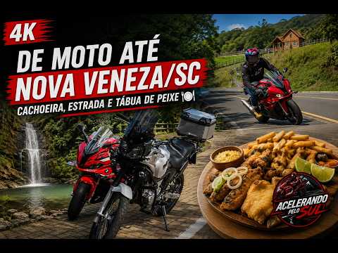 🏍️ 4K | De Moto até Nova Veneza/SC | Cachoeira, Estrada e Tábua de Peixe 🍽️