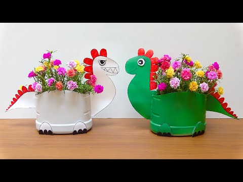 Garden Decor, Recycle Plastic Bottles into Cool Dinosaurs Flower Pots For Small Garden | Portulaca