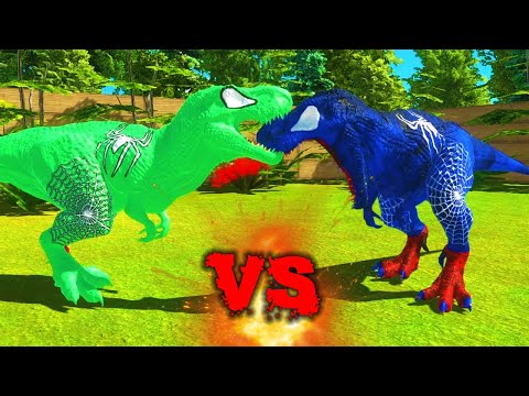 GREEN SPIDERMAN T-REX vs BLUE SPIDERMAN T-REX JUNGLE DEATH RUN - Animal Revolt Battle Simulator
