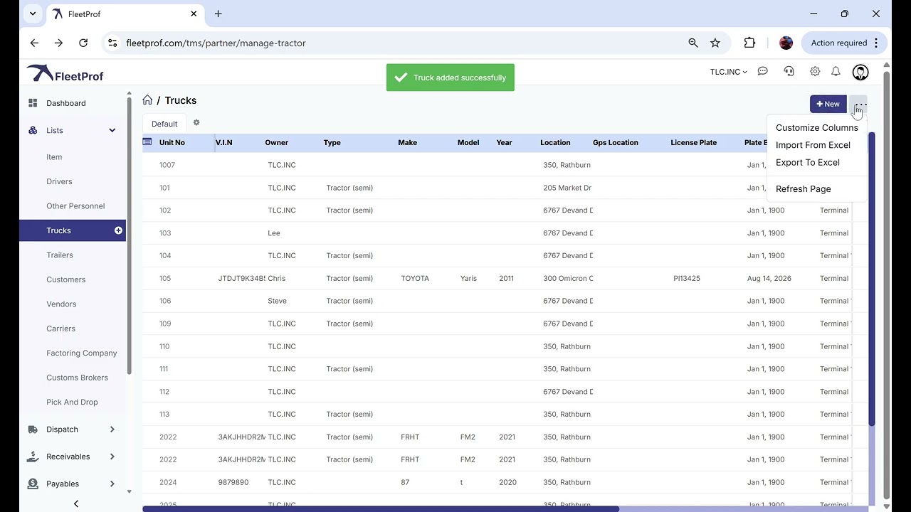 Fleetprof TMS Trucking Dispatch System: How to create truck details