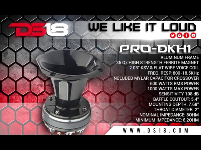 Vídeo relacionado con DS 18, Pro-DKH1 PRODKH1 Driver de compresión de bocina Cuadrada 16,2 x 16,2 cm 320 vatios rms 640 vatios máx 8 ohmios 108 dB, Bobina móvil de 2,03 inch, 1 Pieza