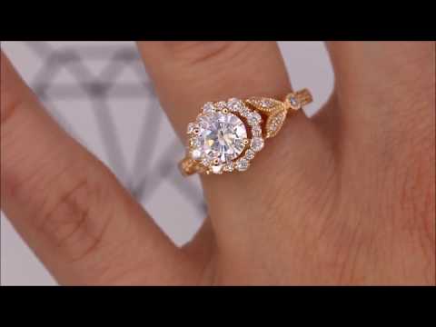 Vintage Floral Style Halo Diamond and Moissanite Engagement Ring - Lilly