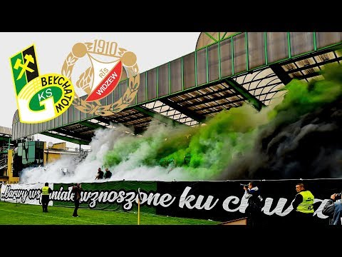 GKS Bełchatów - Widzew Łódź 3:1. Oprawa kibiców i radość po golu na 1:0