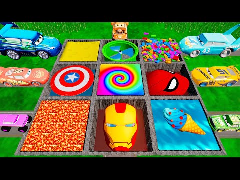 🌈Giant TRANSFORM RAINBOW, LEGO, ICECREAM, LAVA PITS VS Lightning McQueen & PIXAR CARS - BeamNG.drive