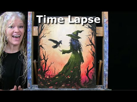 HALLOWEEN! Learn How to Draw and Paint with Acrylics CROW WITH A WITCH-Beginner Tutorial-Time Lapse
