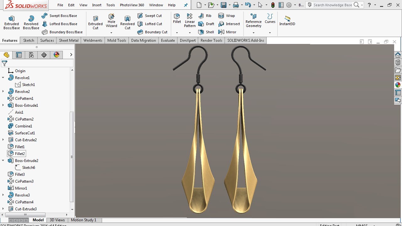 Advanced Surface Modeling - Earring - SolidWorks Tutorial