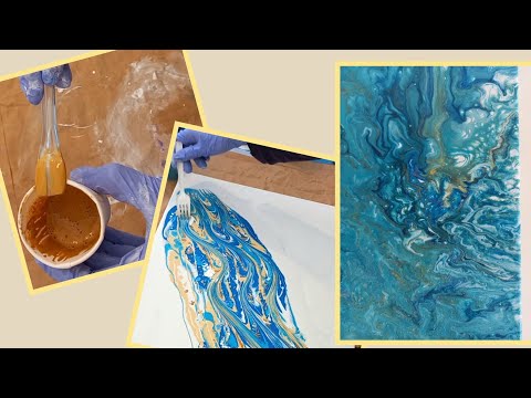 T15 Cuadro abstracto color azul, turquesa y oro antiguo.