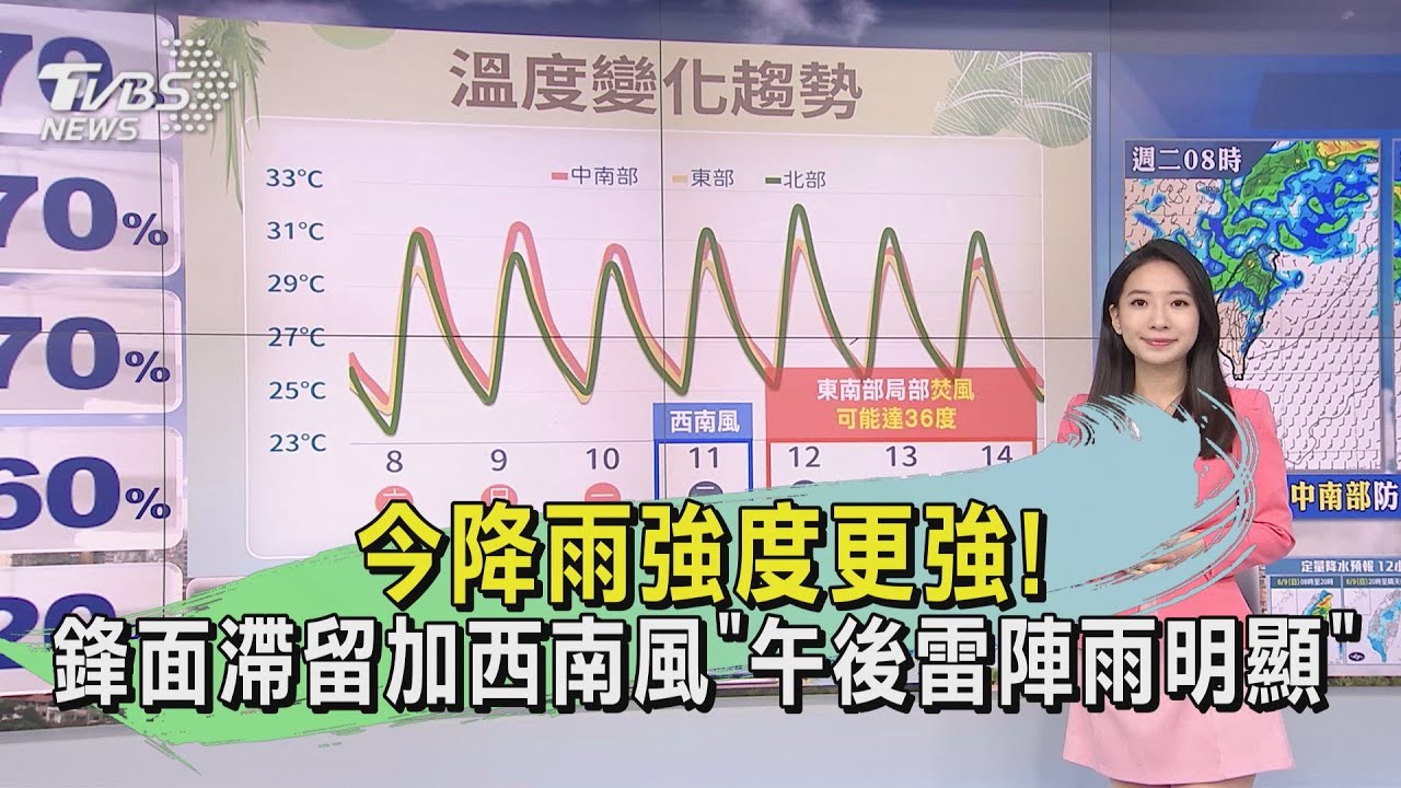 今降雨強度更強! 鋒面滯留加西南風「午後雷陣雨明顯」