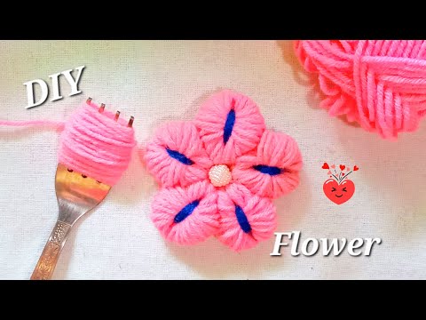 It's so Cute ! Superb Woolen Flower Making Trick Using Fork - Hand Embroidery Amazing Flower