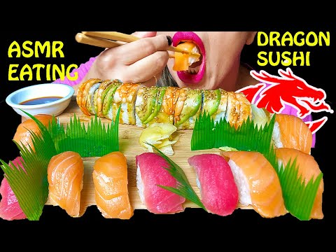 ASMR EATING SUSHI PLATTER SUSHI DRAGON ROLL+SALMON SASHIMI+SPICY SUSHI MUKBANG (EATING SOUNDS)