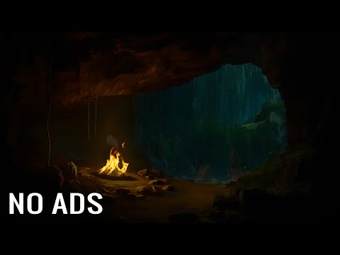 24 Hour Trapped in a cave - Cozy shelter from the storm - Bonfire and Rain Sounds