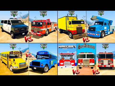 Hauler Box Truck vs MINECRAFT Fire Truck vs School Bus vs Police Van - GTA 5 Cars Compilation 1 hour