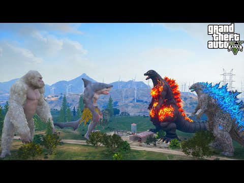 Kong Giant George and WereShark Vs Godzilla and Burning Godzilla - GTA V Mods
