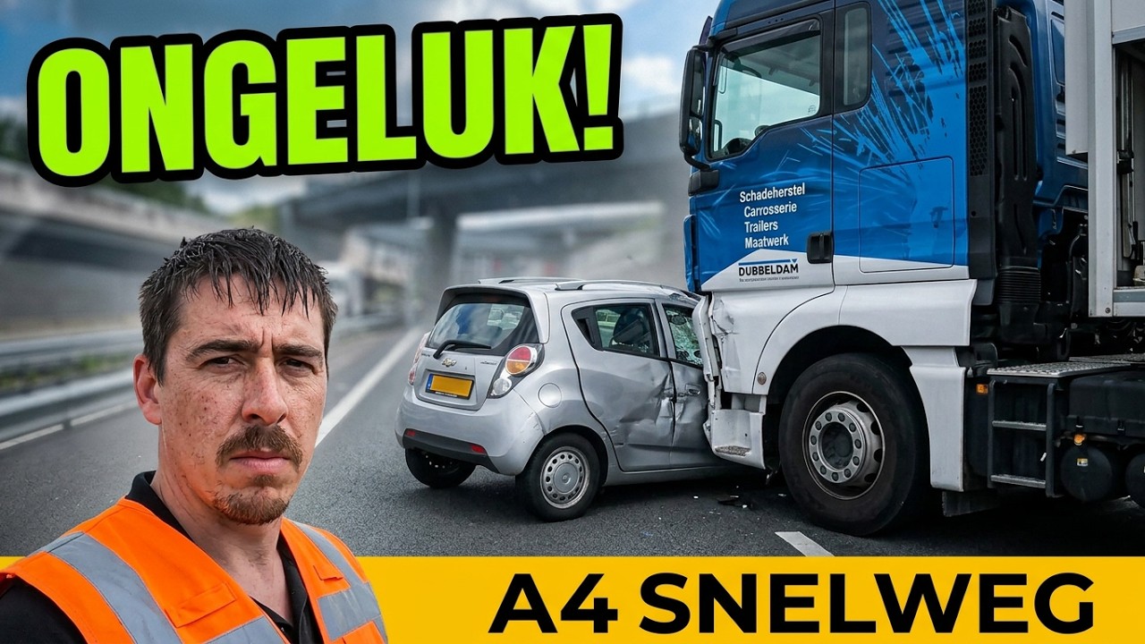 Aanrijding tussen een vrachtwagen en een personenwagen op een heel onhandige plek!
