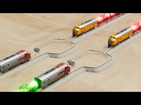 Impossible Wide Double Splitting Rail Wave Tracks Vs Trains Crossing Giant Pit - BeamNG.Drive