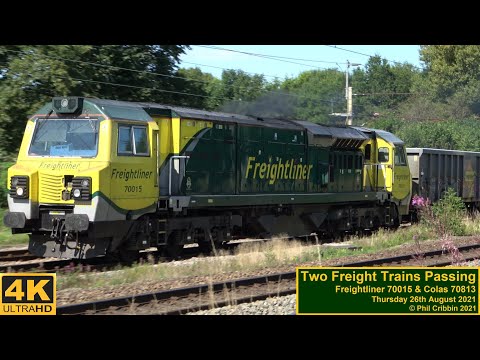 Two Freight Trains Passing - 70015 & 70813 at Bamfurlong - 26th August 2021