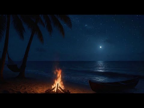 Tropical Beach Bonfire at Night | Waves & Crackling Fire Under the Stars