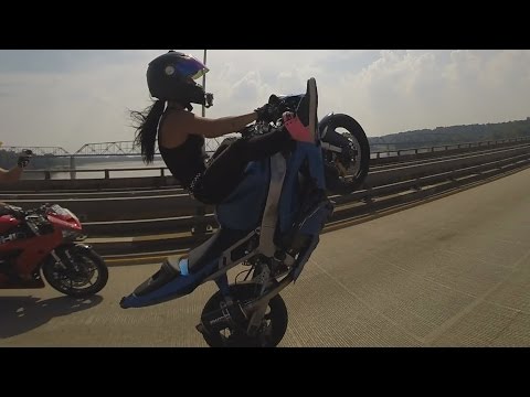 Motorcycle Stunts Beautiful GIRL Riding Wheelies Long Highway Wheelie Ride Of The Century ROC 2016
