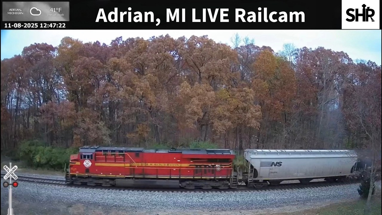 Live webcam view of Cámara ferroviaria de Adrian: curva arbolada