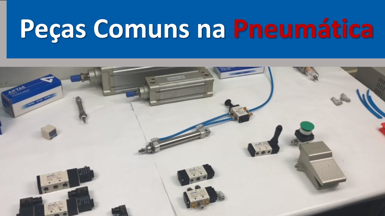Circuito pneumático e os componentes mais comuns, como cilindro, válvulas, conexões e acessórios