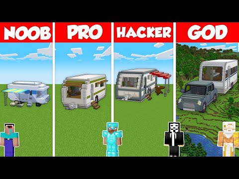 TRAILER RV BASE HOUSE BUILD CHALLENGE - Minecraft Battle: NOOB vs PRO vs HACKER vs GOD / Animation