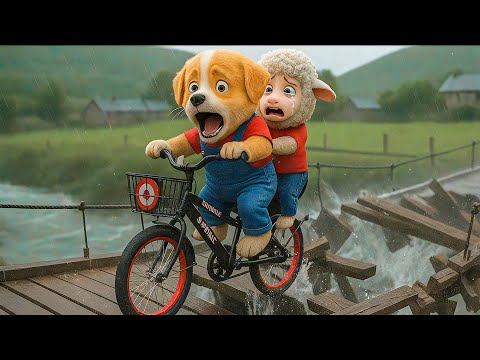 Baby Puppy Fights to Rescue Lamb Stuck On Bridge 🐑🌧️  Becomes a Hero After Storm Rescue 🚴❤️