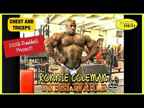 RONNIE COLEMAN - 200 lb Dumbbell Presses - CHEST AND TRICEPS (2000) UNBELIEVABLE MOVIE