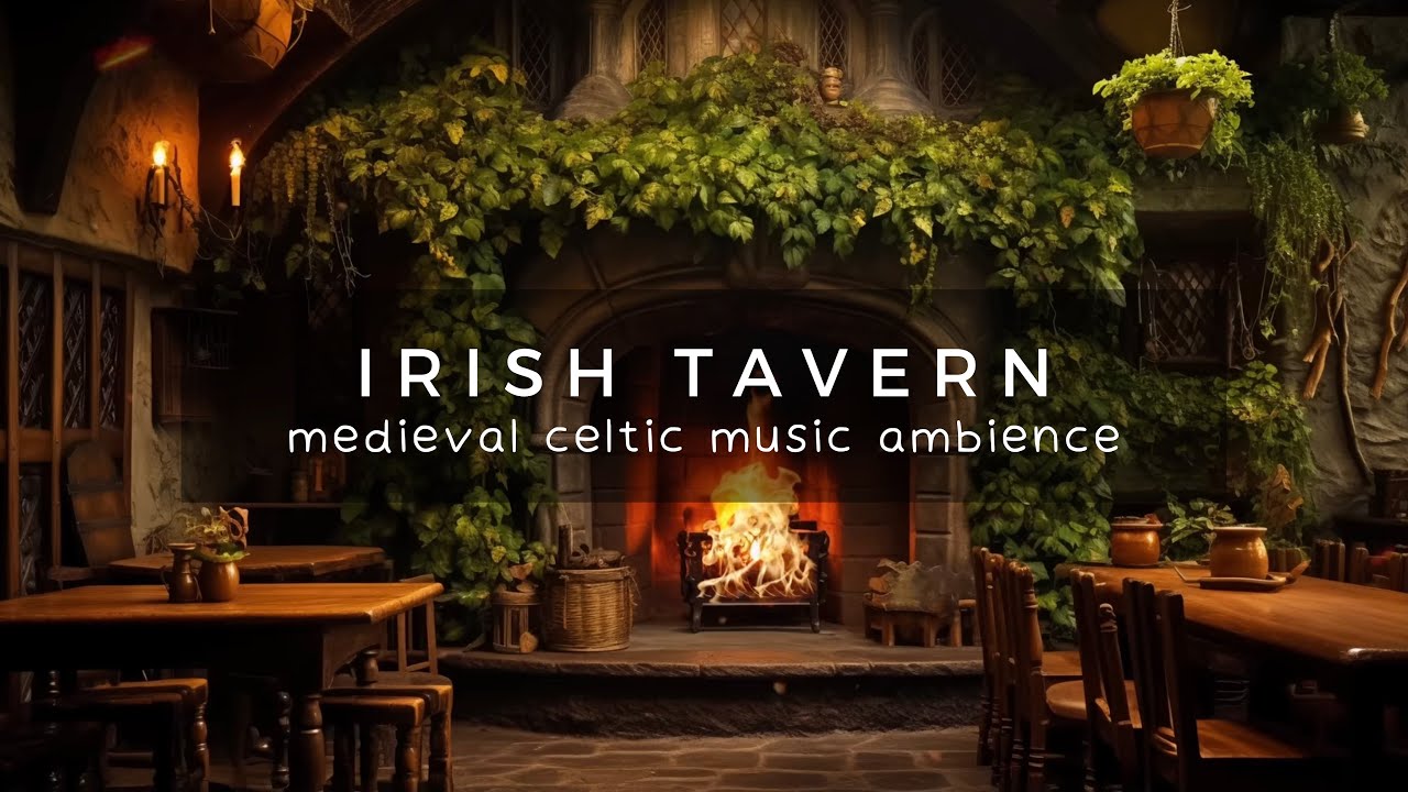 Medieval Irish Tavern While Celtic Travelling Band Plays Ambience 🔥🎶 Crackling Fireplace & Chatter