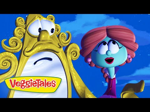 Colorful VeggieTales promo image with a gold ornate mirror on the left and a blue-green character looking up on the right, against a blue sky background