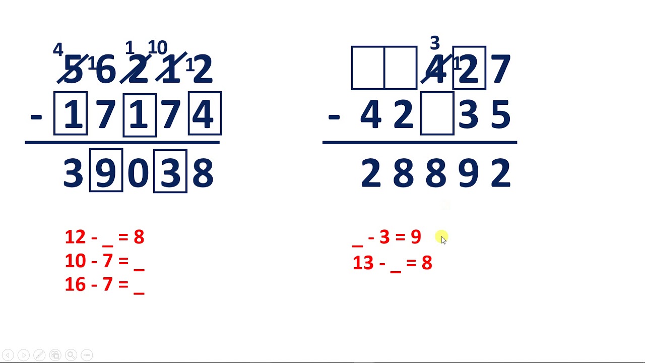 Solve subtraction problems with missing digits