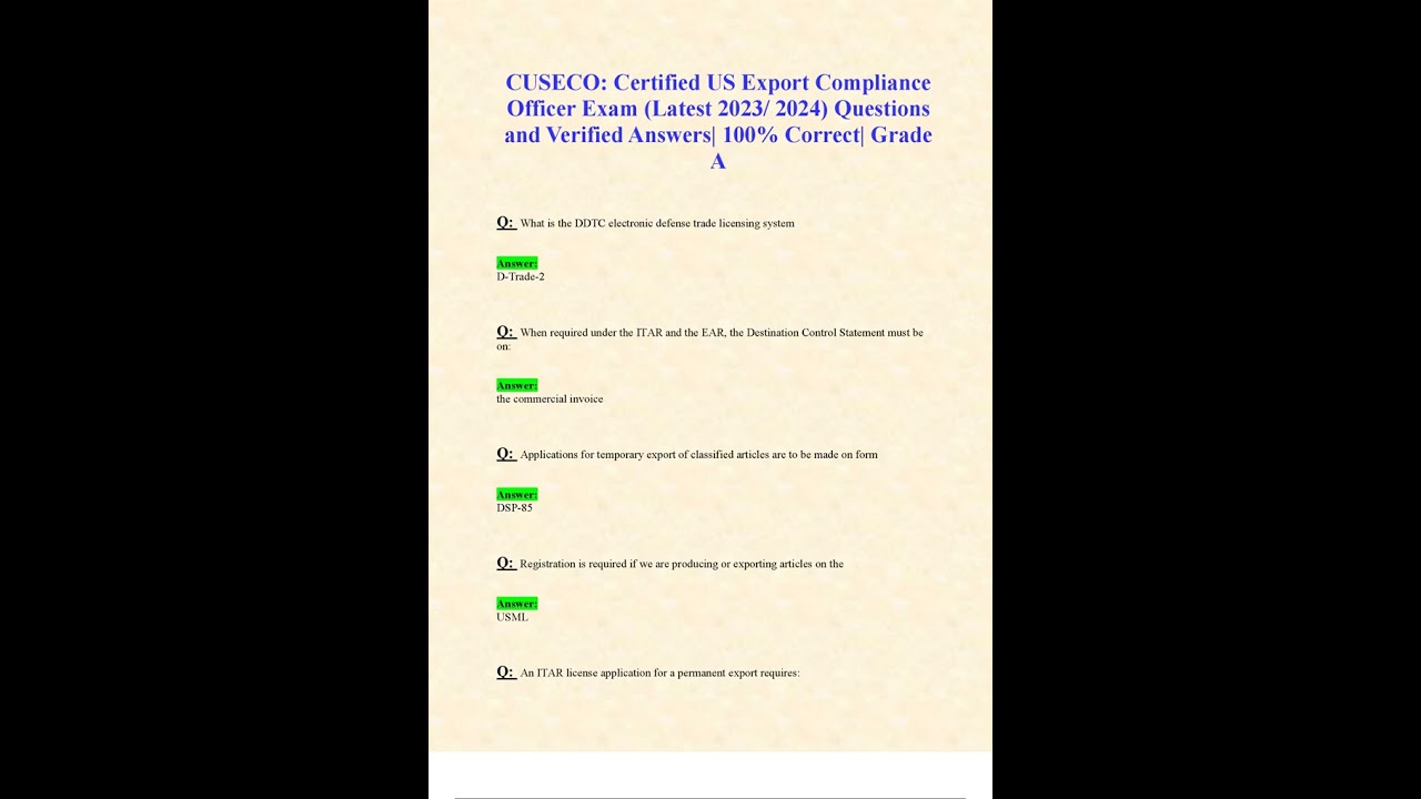 CUSECO CERTIFIED US EXPORT COMPLIANCE OFFICER EXAM LATEST 2023 2024 QUESTIONS AND VERIFIED ANSWERS 1