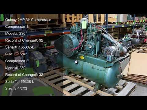 Green Industrial Quick Takes - 2 HP QUINCY 230 DUAL HEAD AIR COMPRESSOR SIZE 3 1 2X3 200 208V USED