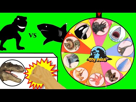 DINOSAURS vs SHARKS GAME | Surprise Dinosaur + Shark Toys | Slime Wheel Games for