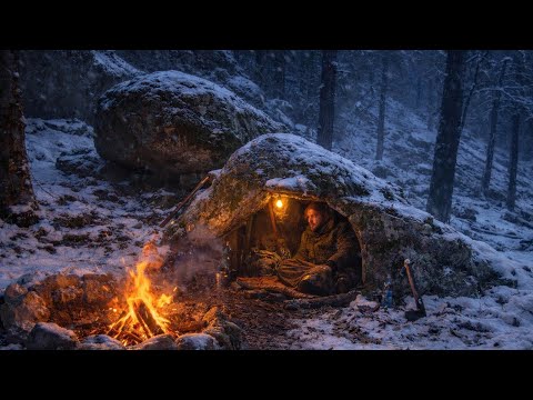 Winter Bushcraft Camping | Survival Shelter Between Two Rocks in Snowy Forest