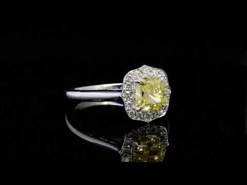 Natural Fancy Yellow Canary Cushion Cut Custom Design Halo Diamond Engagement Ring (c612)