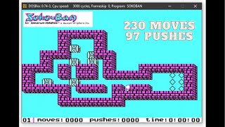 Soko-Ban Review &amp; Level 1 (230 moves, 97 pushes, optimal!) - SokoBan Floor 1 - IBM PC CGA - 1984