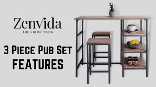 Zenvida Pub Table Set 3 Piece, 2 Stools Space Saver Kitchen Island With Storage Shelves