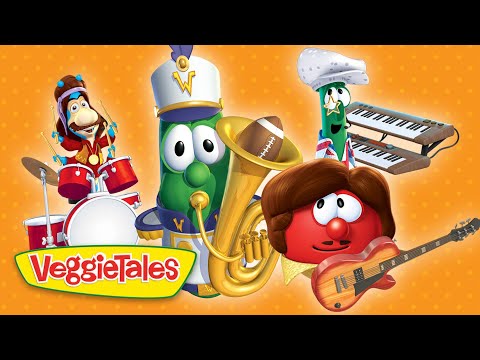 Colorful VeggieTales band of anthropomorphic vegetables playing instruments—drums, a brass instrument, keyboards, and guitar—against an orange polka-dot background, with the VeggieTales logo in the bottom-left.