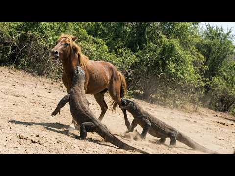 Two Komodo Dragons, One Helpless Horse