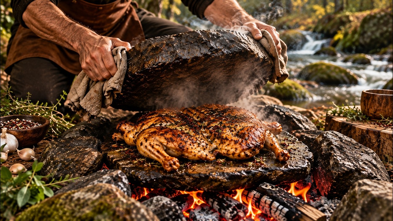 PRESSED CHICKEN on HOT STONES! 🍗🔥 Primitive Serbian Cooking