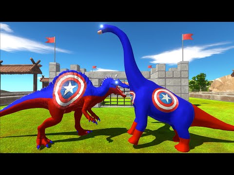 CAPTAIN AMERICA SPINOSAURUS VS CAPTAIN AMERICA BRACHIOSAURUS CASTLE DEATH RUN - Animal Revolt Battle
