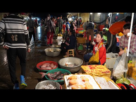 Cambodia Early Morning Fish Market - Daily Lifestyle of Vendor & Buyer Buying River Fish & Seafood