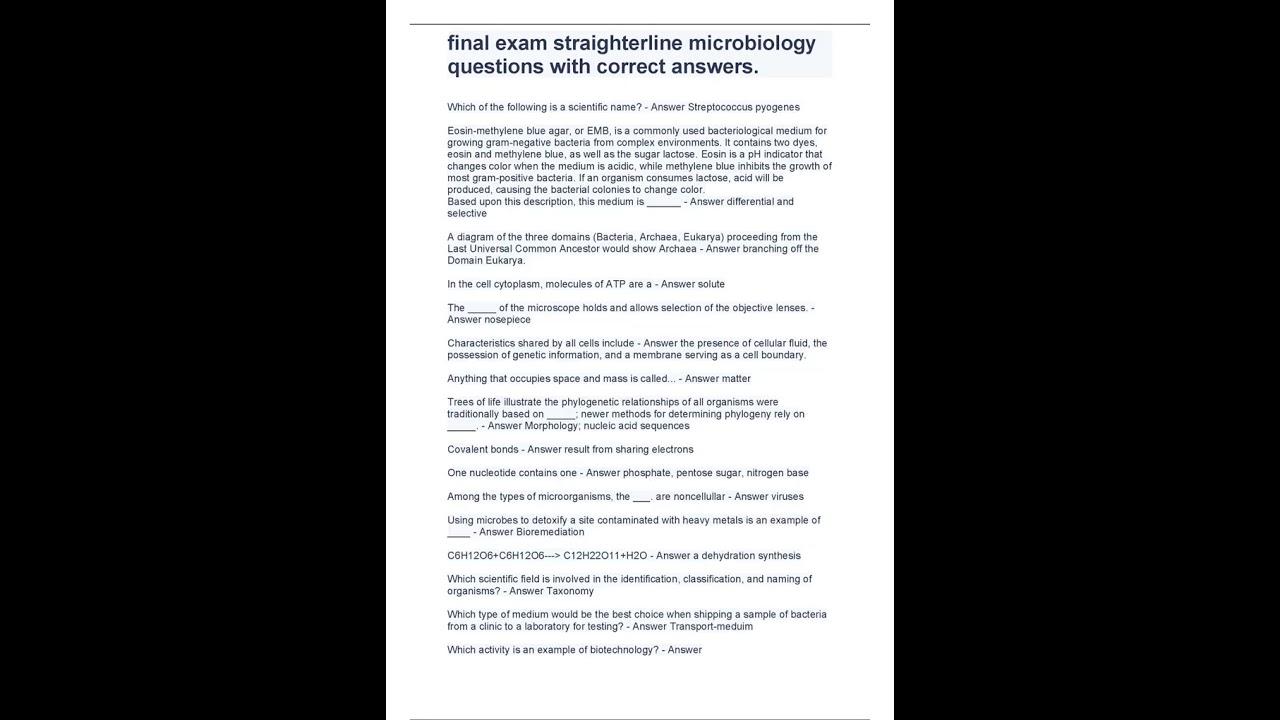final exam straighterline microbiology questions with correct answers pdf