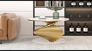 Modern White Round Metal Side Table with Faux Marble Tabletop End Table