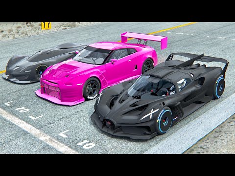 Nissan GTR Pink Nightmare vs Bugatti Bolide Carbon Edition vs SRT Tomahawk - Drag Race